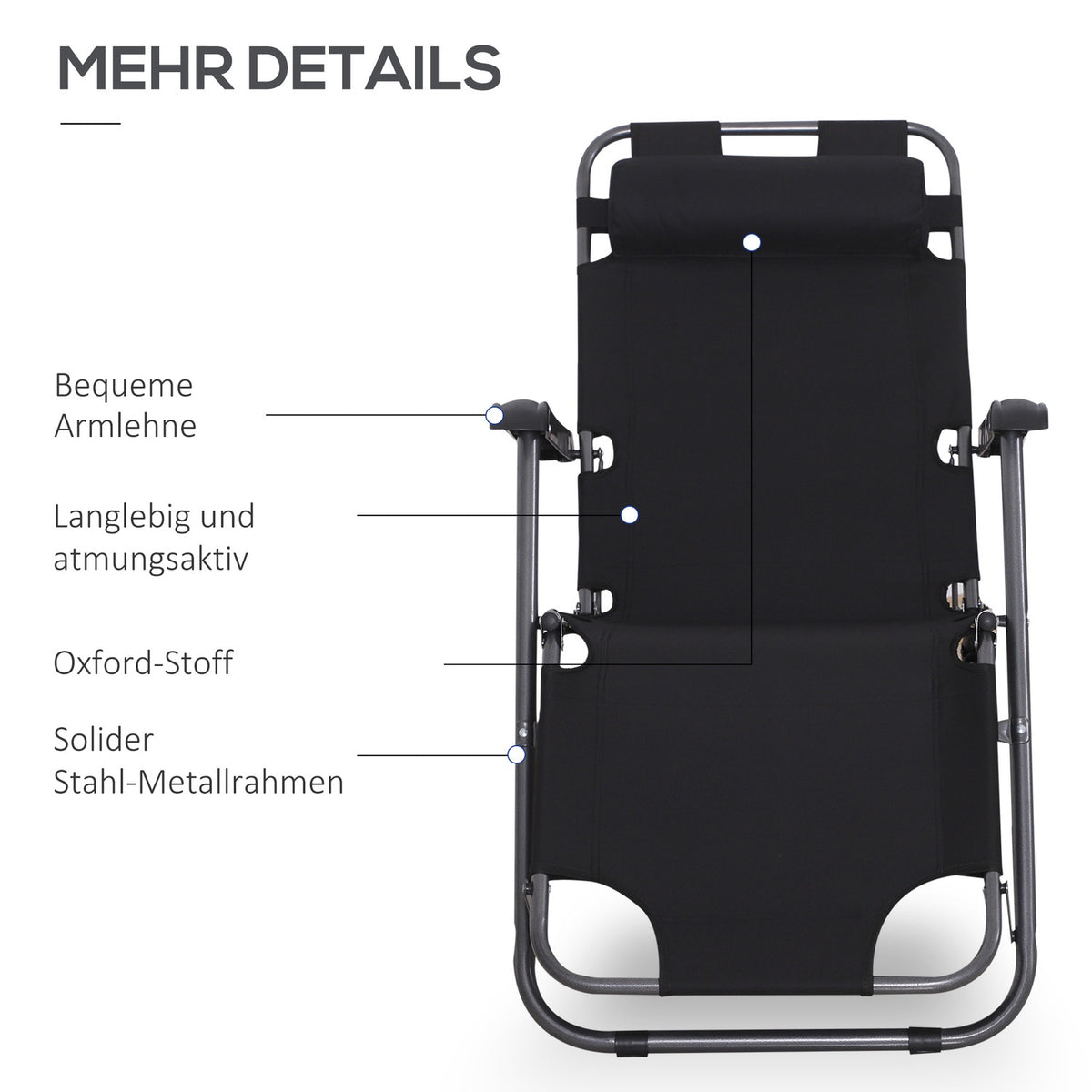 Sun Lounger Folding Beach Lounger With Cushion, 2-Tier Garden Lounger, Black, Metal & Oxford Fabric, 118X60X80Cm