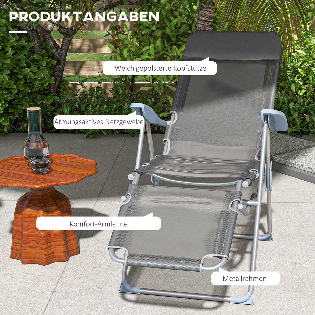 Sun Lounger, Folding Deck Chair, Garden Lounger With Adjustable Backrest, Relax Lounger For Balcony, Patio, Mesh, Grey, 63 X 81 X 108 Cm