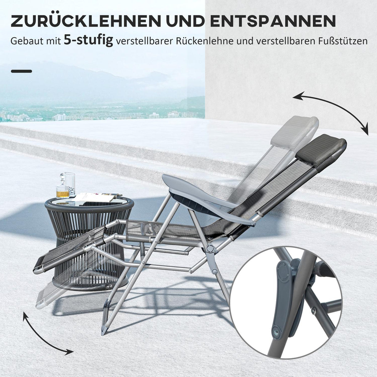 Sun Lounger, Folding Deck Chair, Garden Lounger With Adjustable Backrest, Relax Lounger For Balcony, Patio, Mesh, Grey, 63 X 81 X 108 Cm