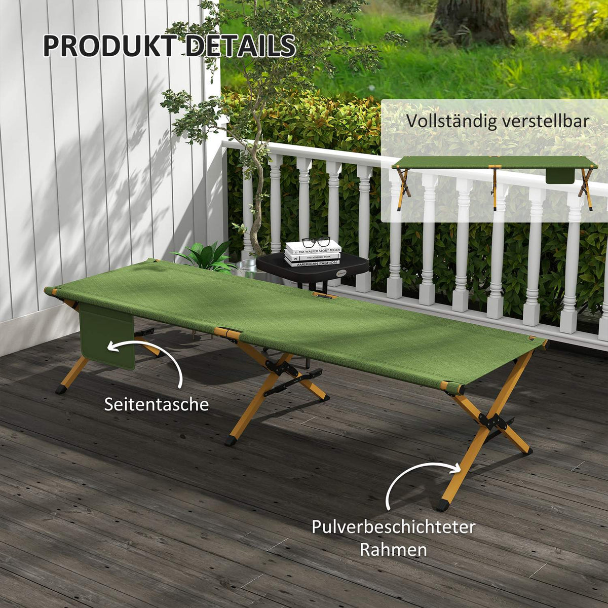 Sun Lounger Folding Garden Deck Chair With Side Pocket, Relax Lounger For Garden & Balcony, Oxford, Dark Green, 196X64X45Cm