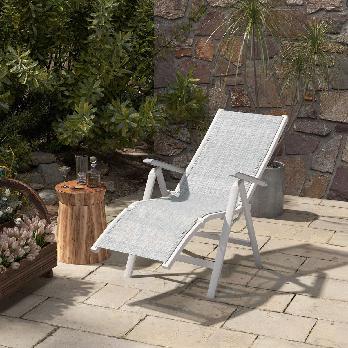 Sun Lounger Folding Garden Lounger Deck Chair With Adjustable Footrest Backrest Camping Lounger For Patio Balcony Net Dark Gray