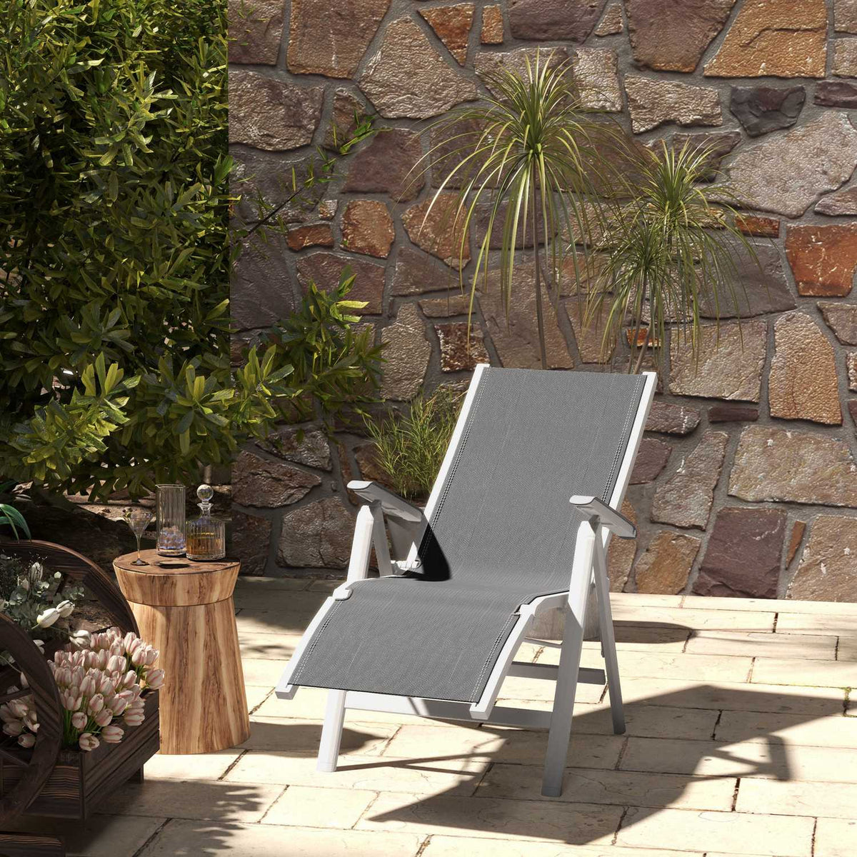 Sun Lounger Folding Garden Lounger With Adjustable Footrest & Backrest, Dark Grey
