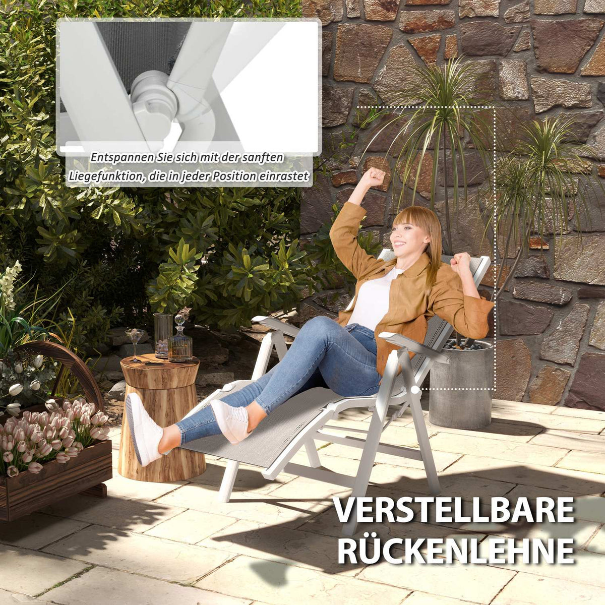 Sun Lounger Folding Garden Lounger With Adjustable Footrest & Backrest, Dark Grey