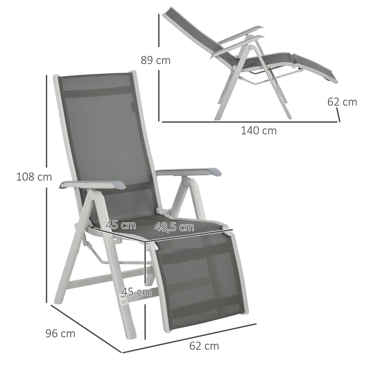 Sun Lounger Folding Garden Lounger With Adjustable Footrest & Backrest, Dark Grey