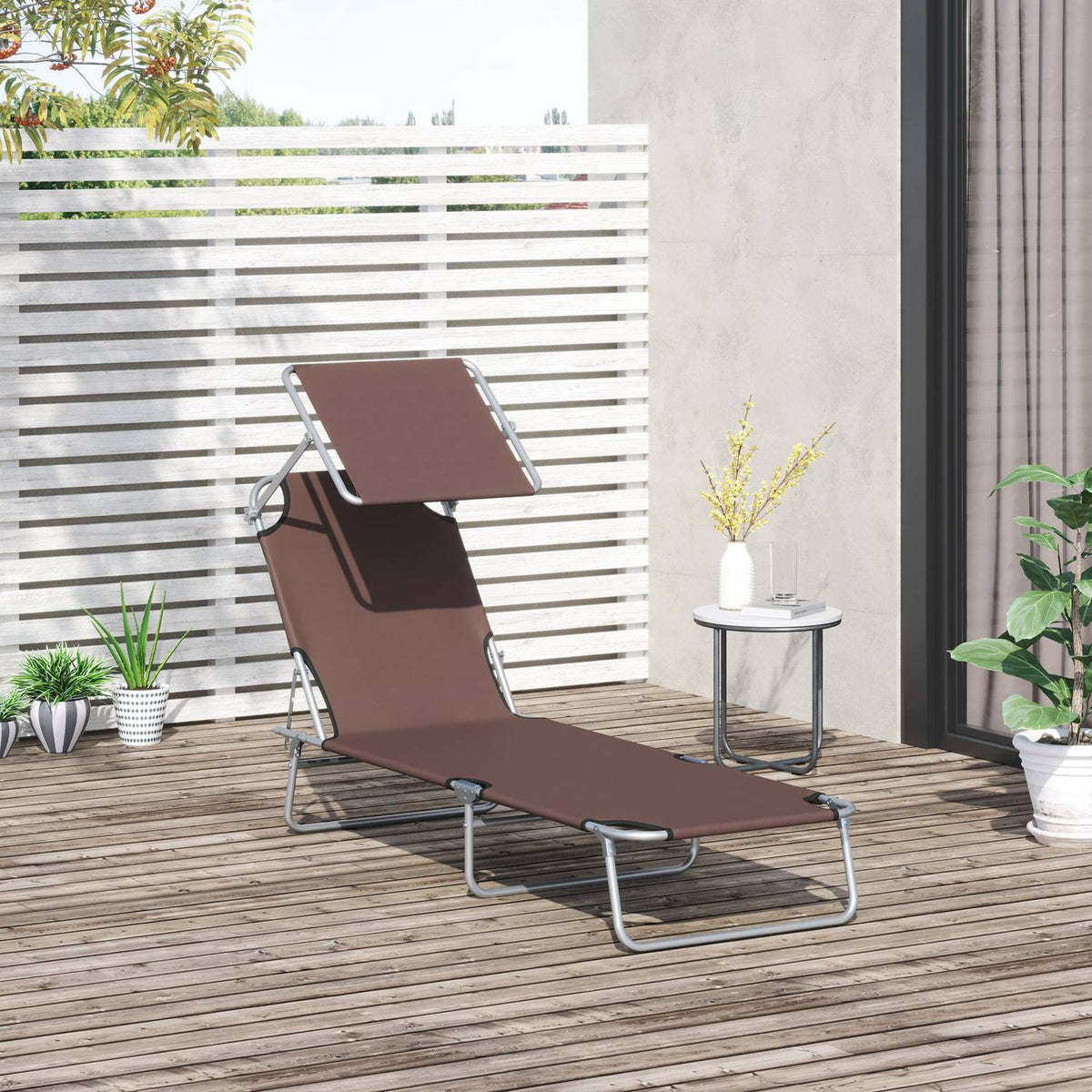Sun Lounger Folding Garden Lounger With Sun Protection, Brown, 187X58X36 Cm