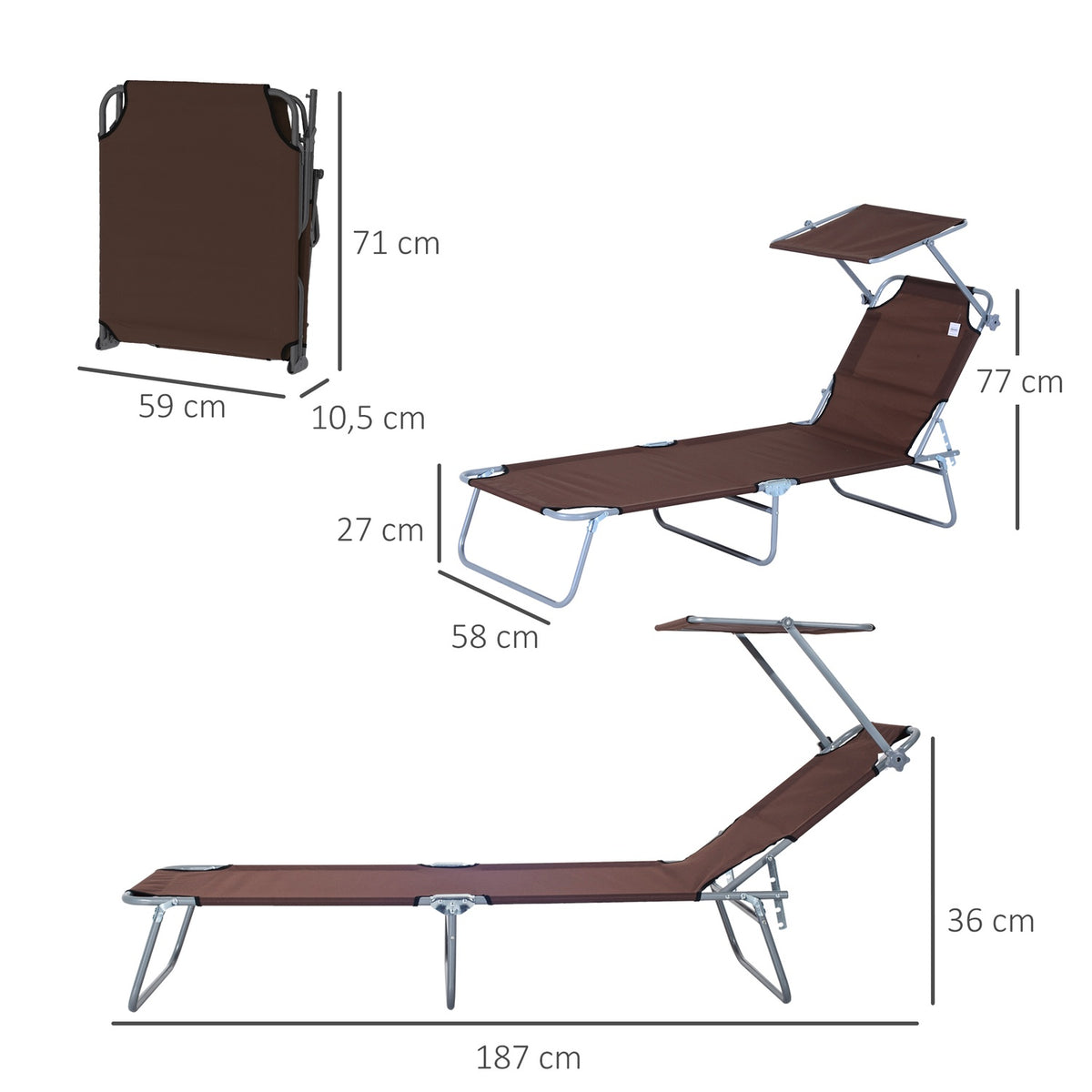 Sun Lounger Folding Garden Lounger With Sun Protection, Brown, 187X58X36 Cm