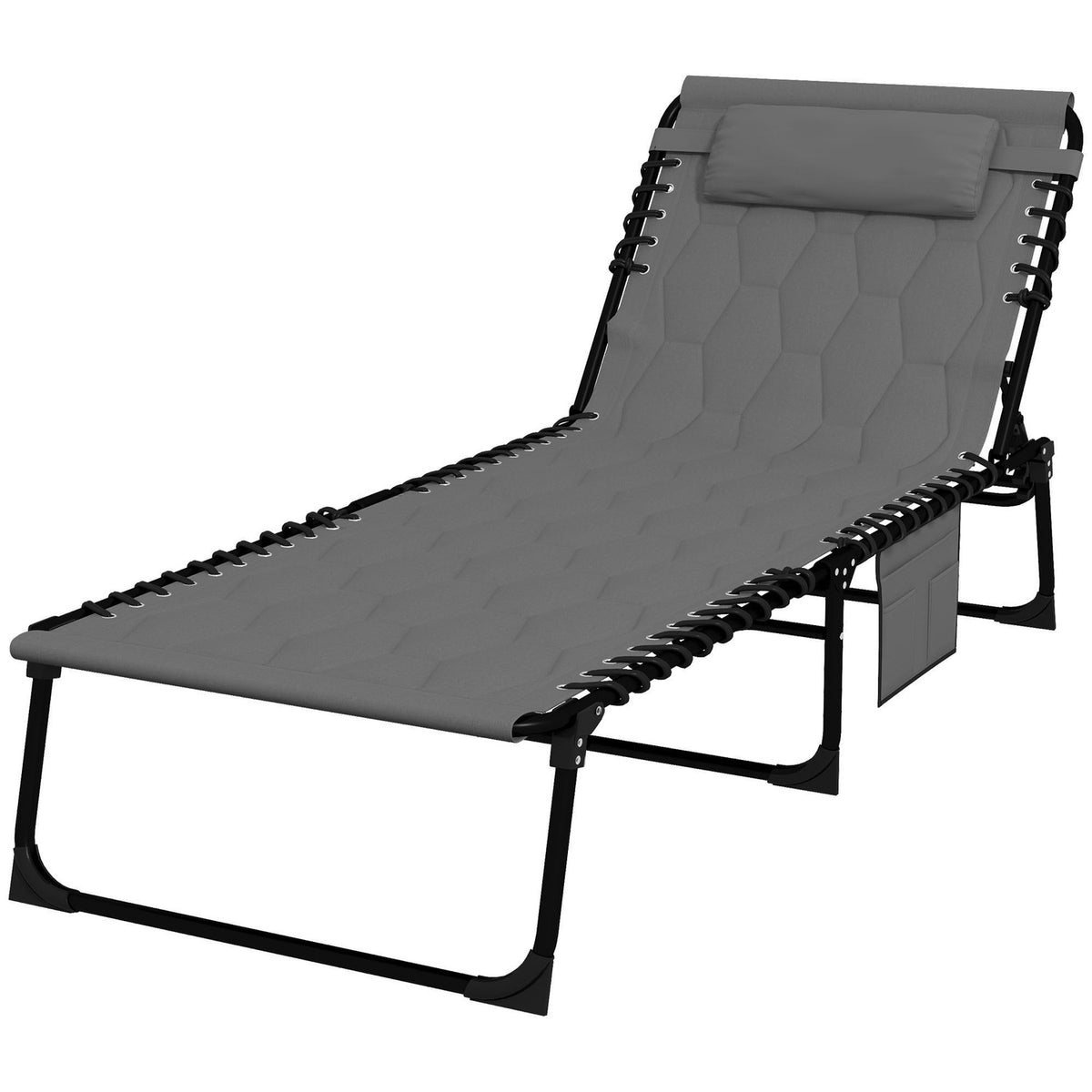 Sun Lounger, Folding Garden Lounger with Pillow, Deck Chair with Adjustable Backrest, Handle, with Side Pocket, Oxford, Gray