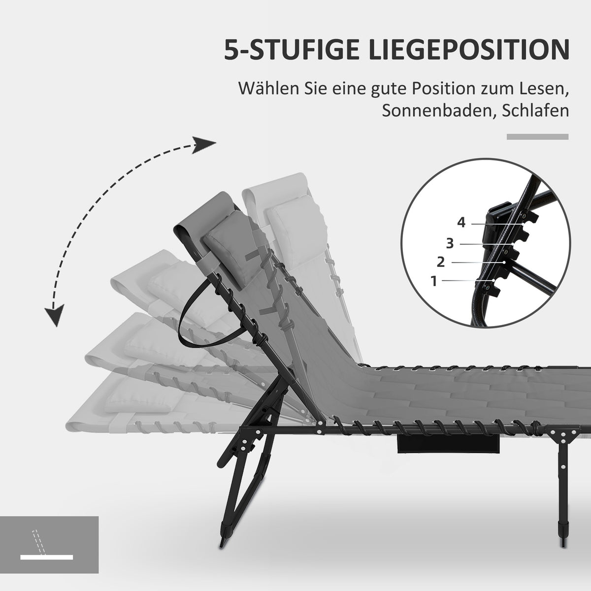Sun Lounger, Folding Garden Lounger with Pillow, Deck Chair with Adjustable Backrest, Handle, with Side Pocket, Oxford, Gray