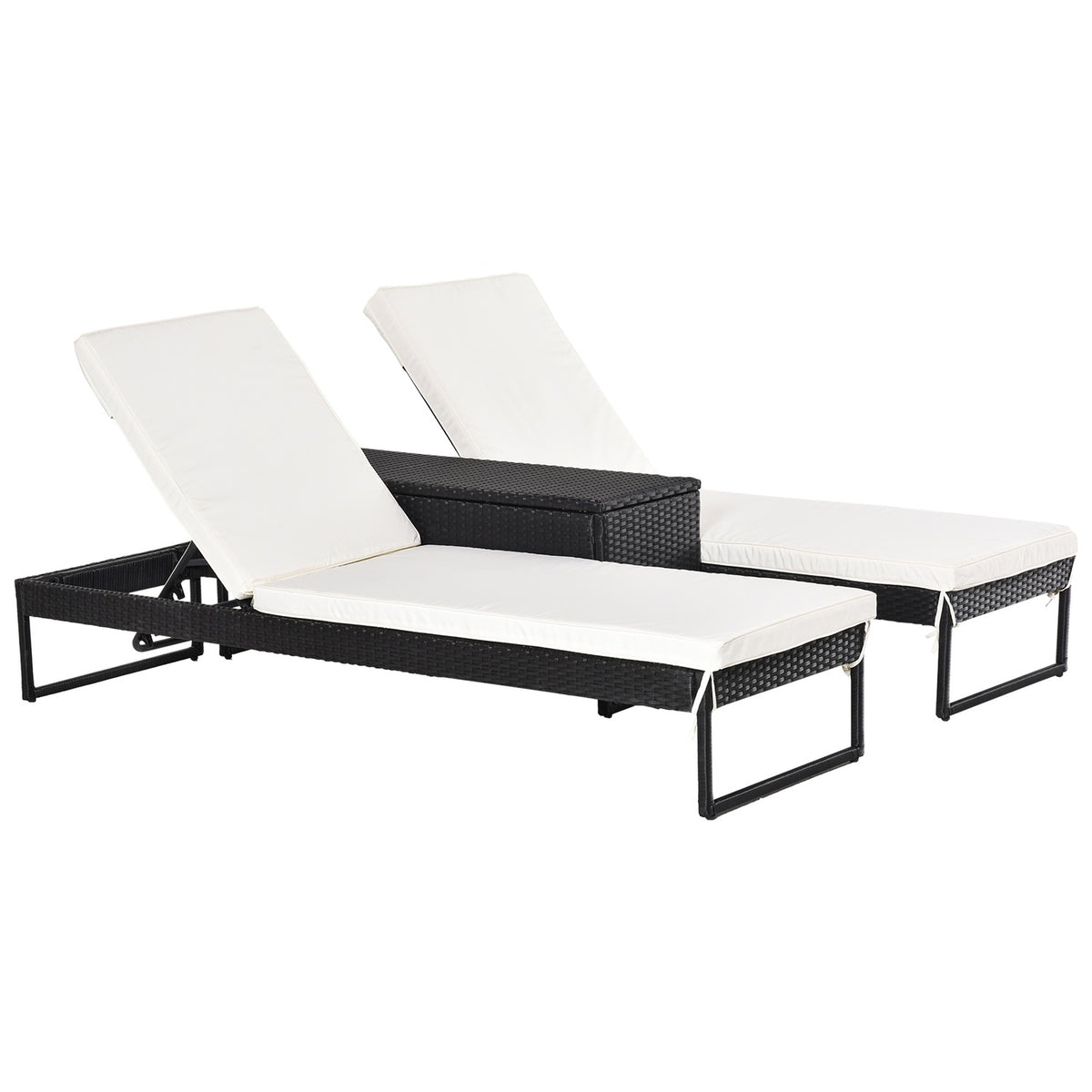 Sun Lounger Garden Lounger 3-Piece. Set Adjustable Backrest Tea Table Upholstery Metal + Pe Rattan + Polyester Black + Cream White 195 X 60 X 86 Cm