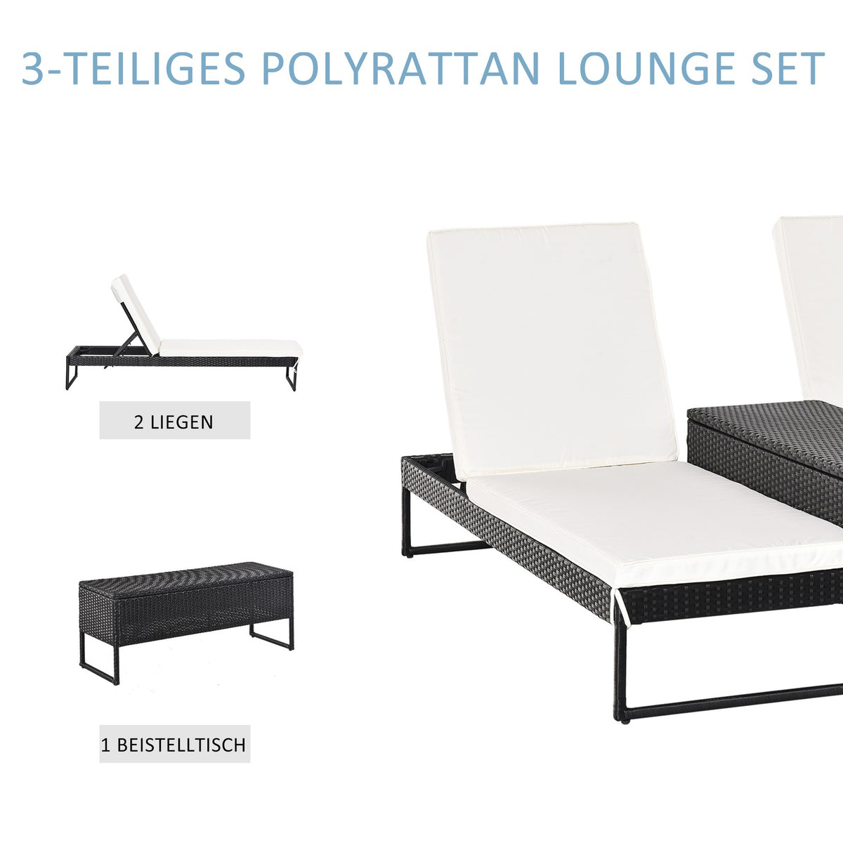 Sun Lounger Garden Lounger 3-Piece. Set Adjustable Backrest Tea Table Upholstery Metal + Pe Rattan + Polyester Black + Cream White 195 X 60 X 86 Cm