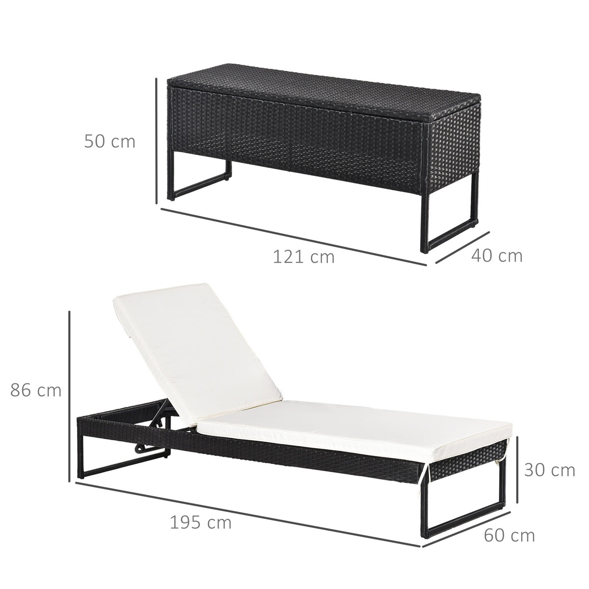 Sun Lounger Garden Lounger 3-Piece. Set Adjustable Backrest Tea Table Upholstery Metal + Pe Rattan + Polyester Black + Cream White 195 X 60 X 86 Cm