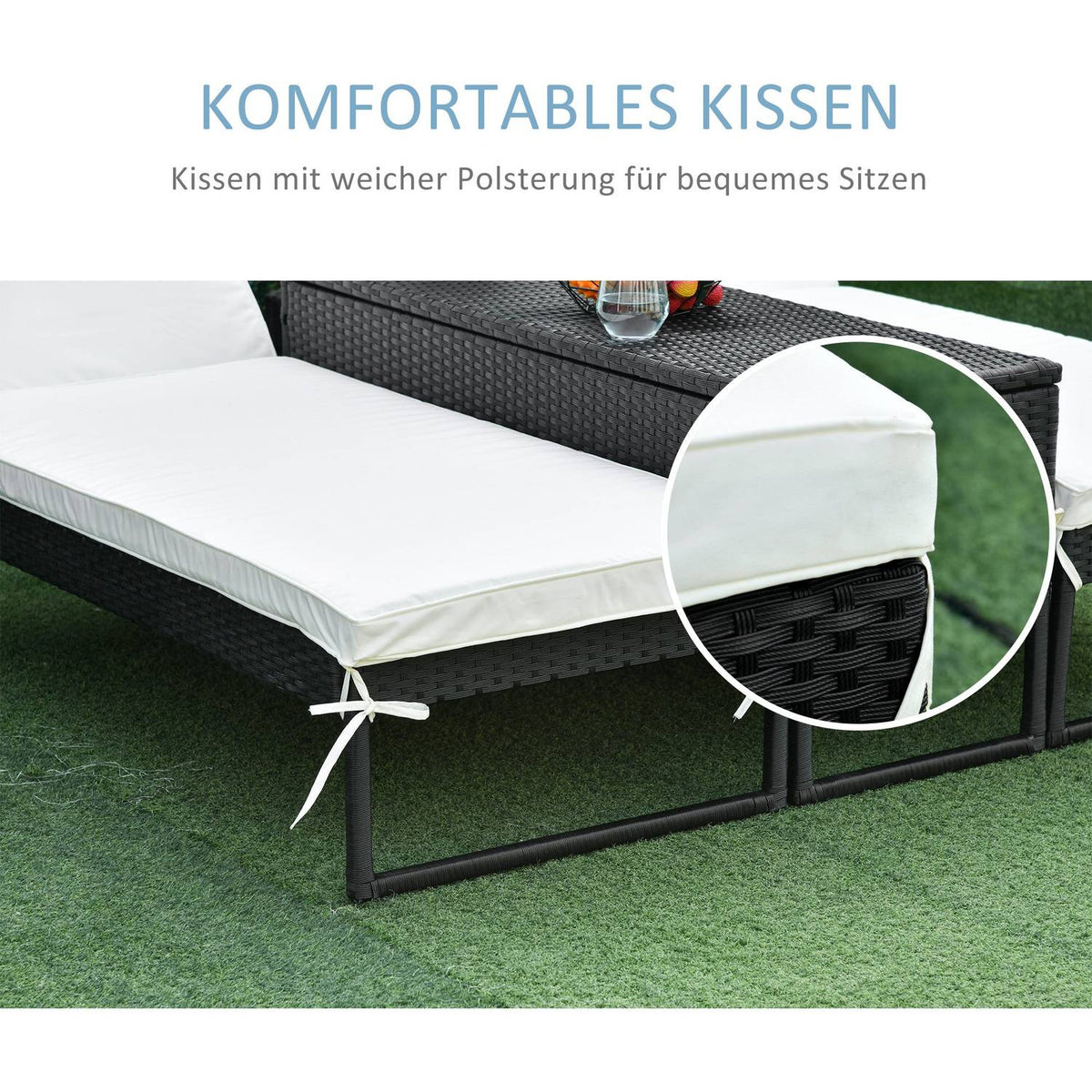 Sun Lounger Garden Lounger 3-Piece. Set Adjustable Backrest Tea Table Upholstery Metal + Pe Rattan + Polyester Black + Cream White 195 X 60 X 86 Cm