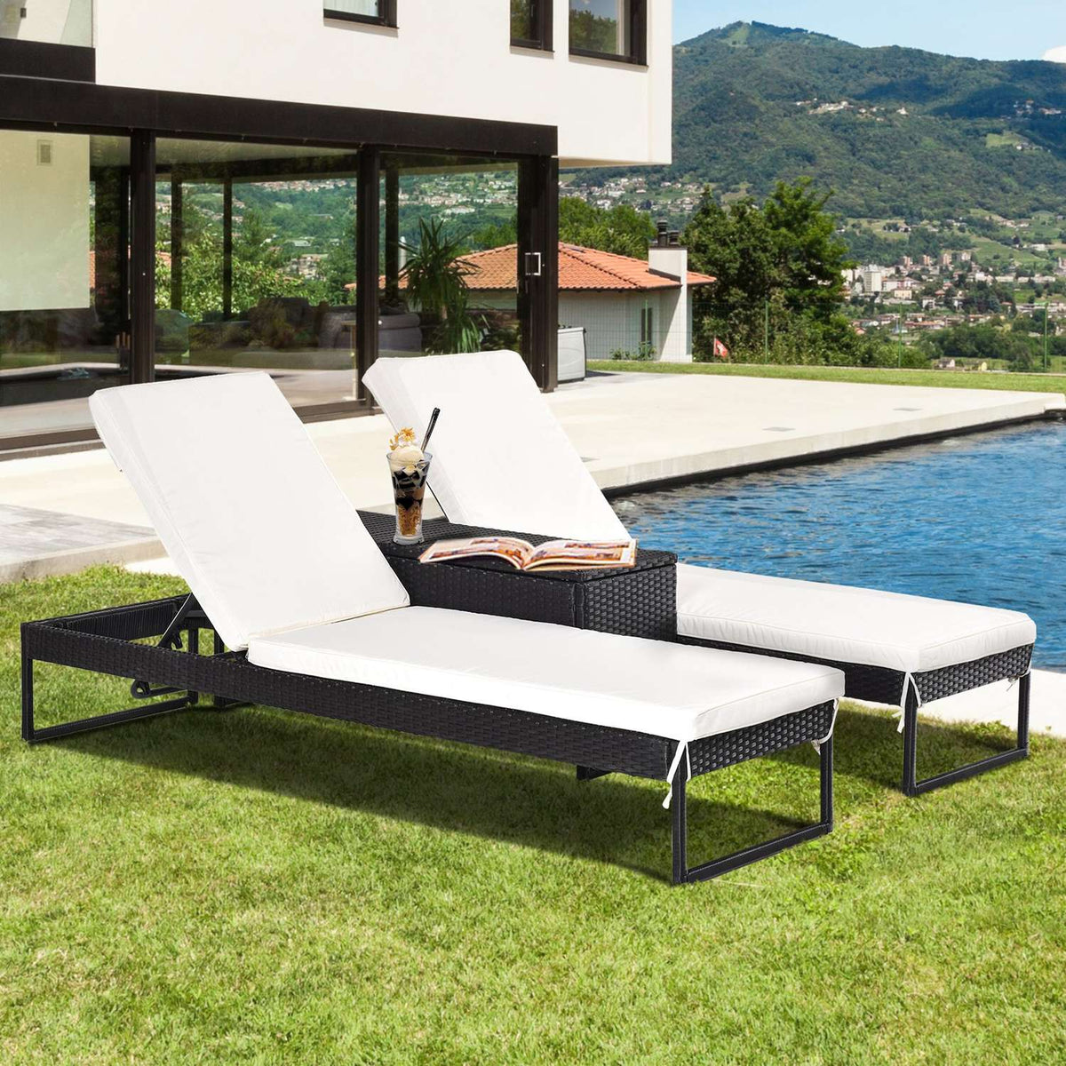 Sun Lounger Garden Lounger 3-Piece. Set Adjustable Backrest Tea Table Upholstery Metal + Pe Rattan + Polyester Black + Cream White 195 X 60 X 86 Cm