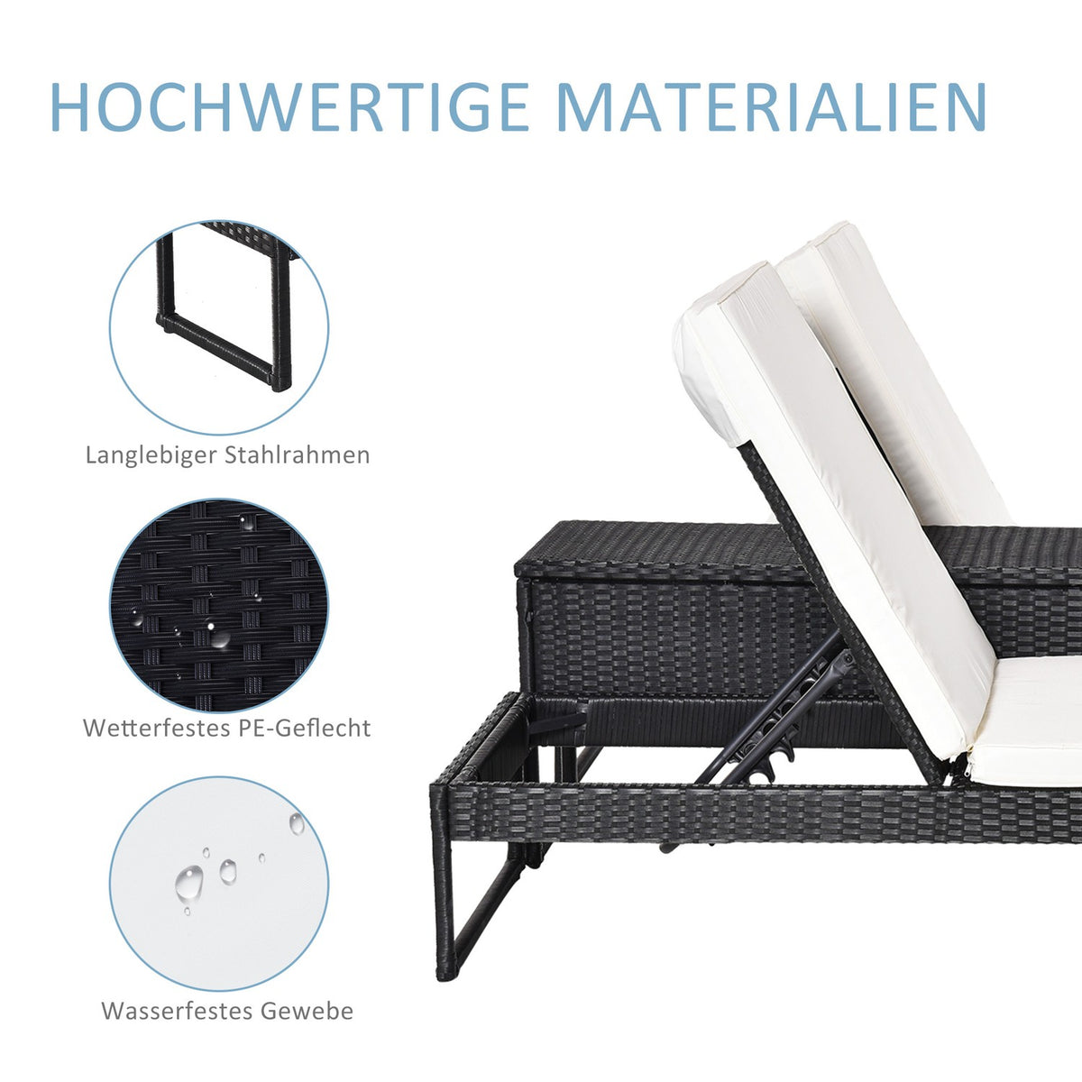Sun Lounger Garden Lounger 3-Piece. Set Adjustable Backrest Tea Table Upholstery Metal + Pe Rattan + Polyester Black + Cream White 195 X 60 X 86 Cm