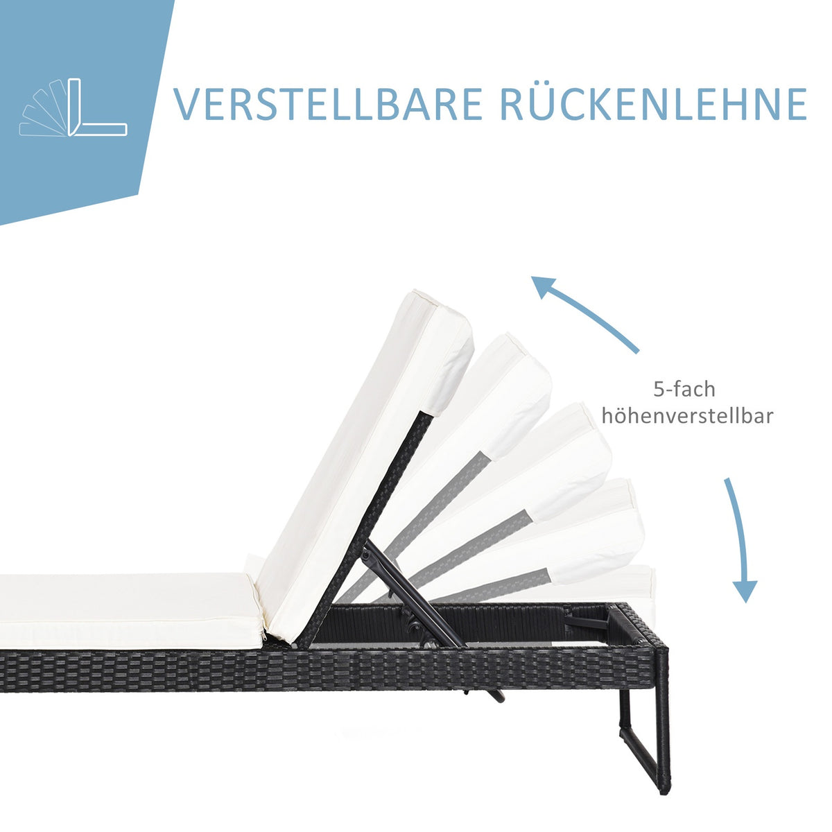 Sun Lounger Garden Lounger 3-Piece. Set Adjustable Backrest Tea Table Upholstery Metal + Pe Rattan + Polyester Black + Cream White 195 X 60 X 86 Cm