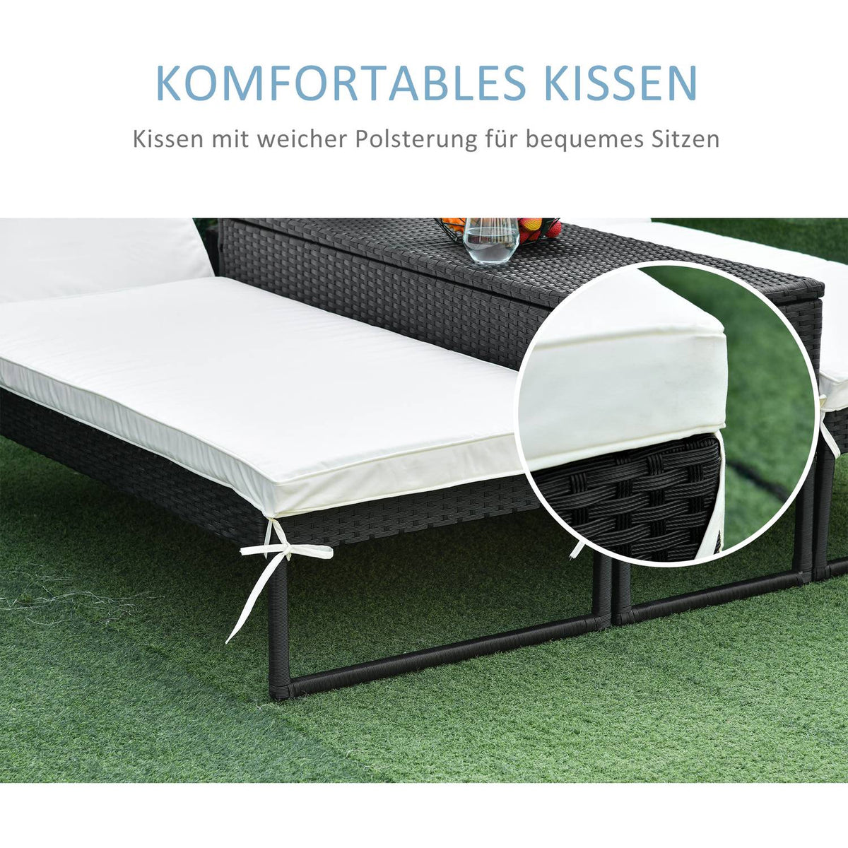 Sun Lounger Garden Lounger 3-Piece. Set Adjustable Backrest Tea Table Upholstery Metal + Pe Rattan + Polyester Black + Cream White 195 X 60 X 86 Cm