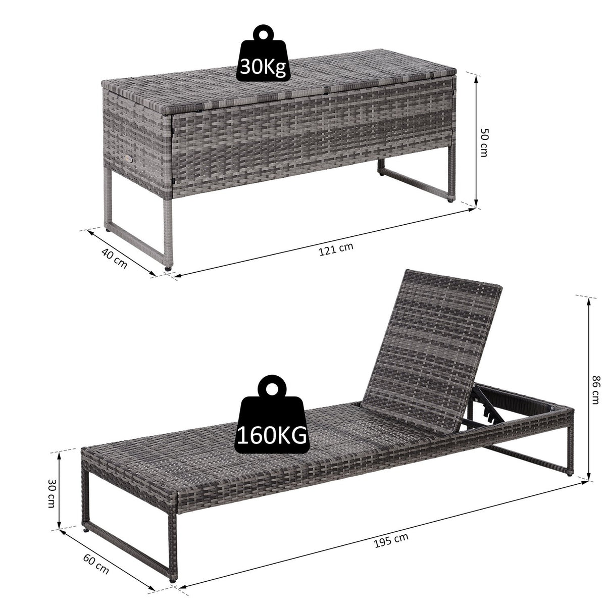 Sun Lounger Garden Lounger 3-Piece. Set With Adjustable Backrest Side Table Upholstery Metal + Pe Rattan + Polyester Gray 195 X 60 X 86 Cm