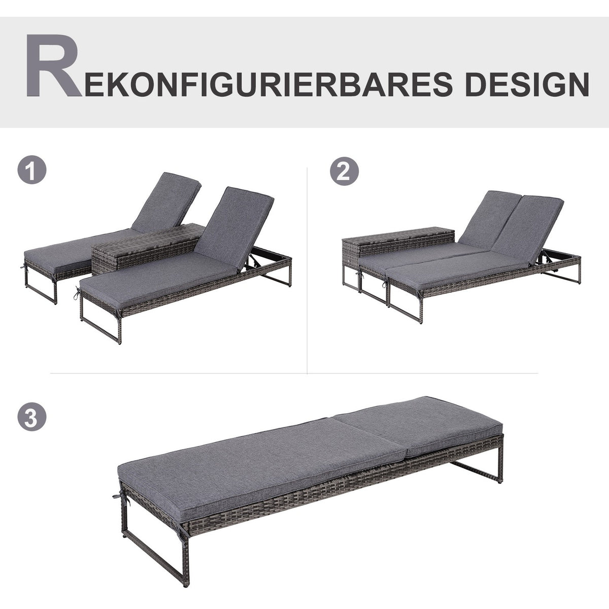 Sun Lounger Garden Lounger 3-Piece. Set With Adjustable Backrest Side Table Upholstery Metal + Pe Rattan + Polyester Gray 195 X 60 X 86 Cm
