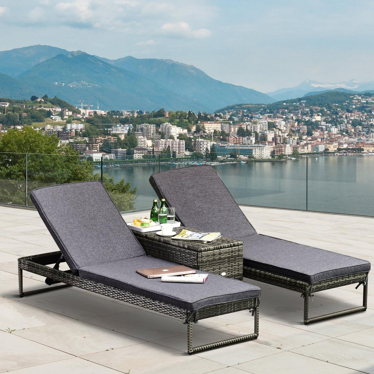 Sun Lounger Garden Lounger 3-Piece. Set With Adjustable Backrest Side Table Upholstery Metal + Pe Rattan + Polyester Gray 195 X 60 X 86 Cm