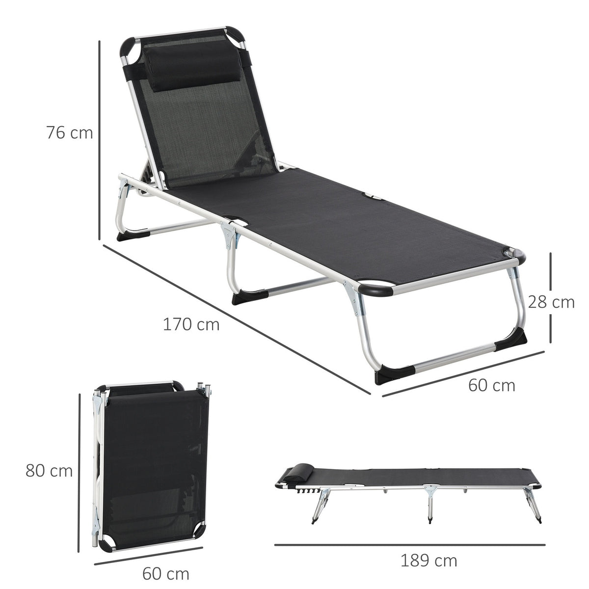 Sun Lounger Garden Lounger Aluminum Fabric Lounger Relaxation Lounger 5-Way Adjustable Foldable Ergonomic Mesh Black 170 X 60 X 76 Cm