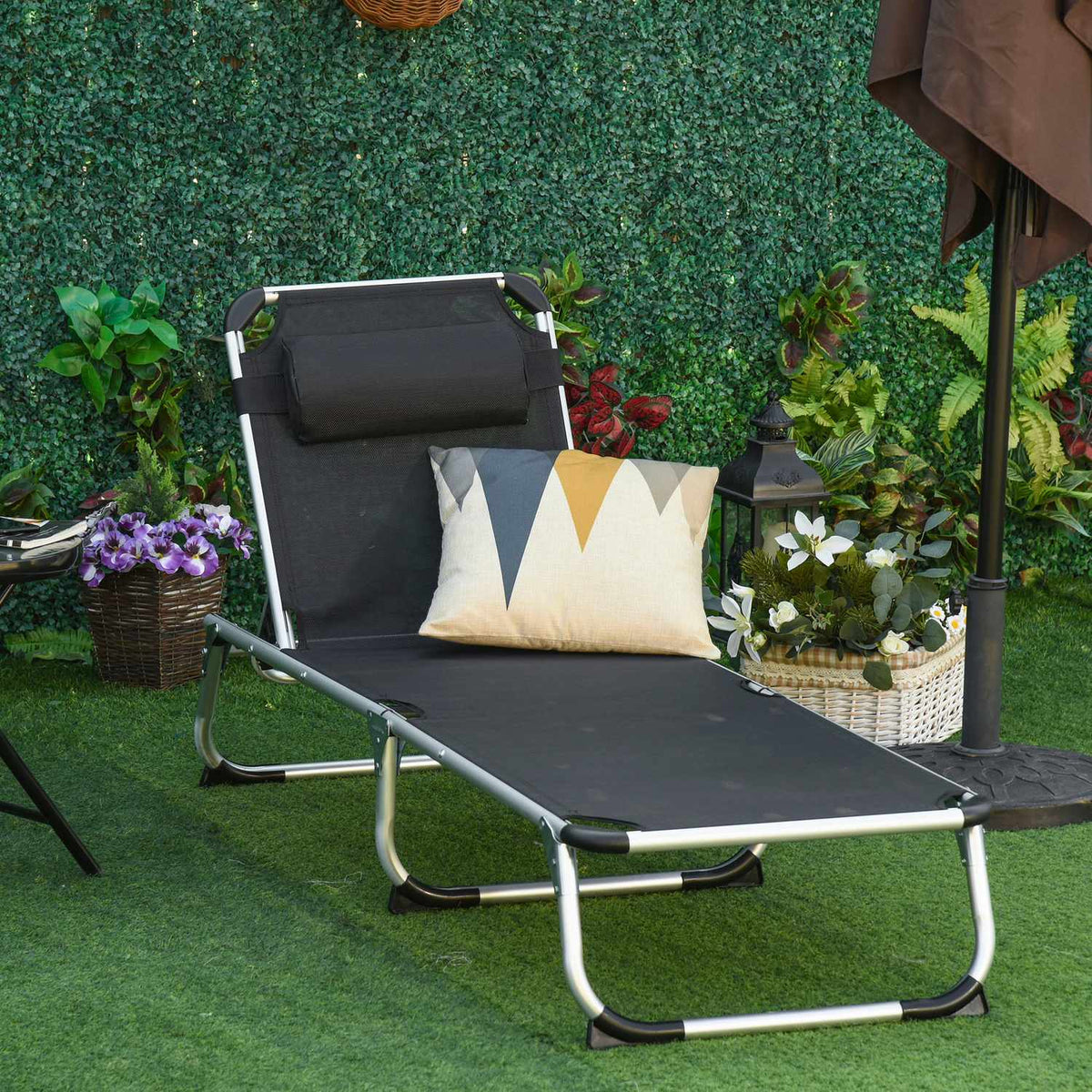 Sun Lounger Garden Lounger Aluminum Fabric Lounger Relaxation Lounger 5-Way Adjustable Foldable Ergonomic Mesh Black 170 X 60 X 76 Cm