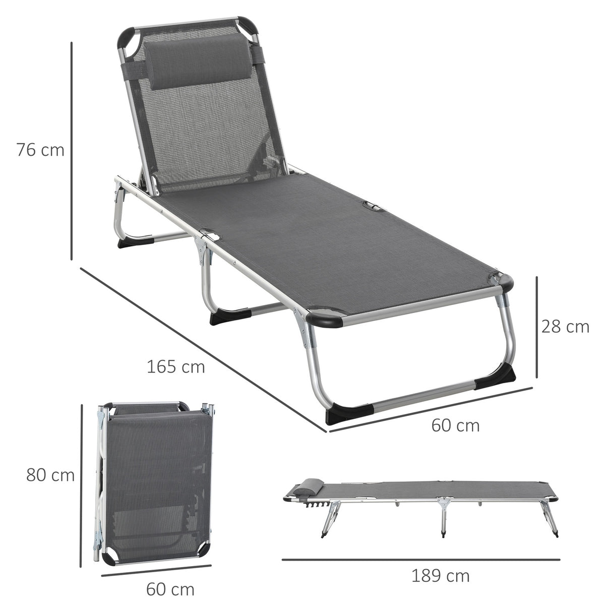 Sun Lounger Garden Lounger Aluminum Fabric Lounger Relaxation Lounger 5-Way Adjustable Foldable Ergonomic Mesh Gray 170 X 60 X 76 Cm