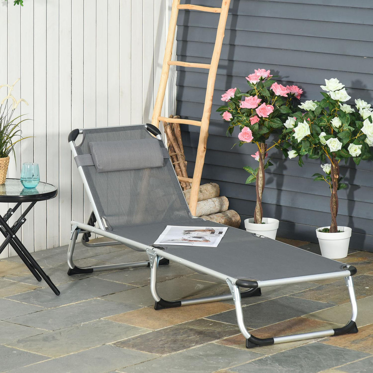 Sun Lounger Garden Lounger Aluminum Fabric Lounger Relaxation Lounger 5-Way Adjustable Foldable Ergonomic Mesh Gray 170 X 60 X 76 Cm