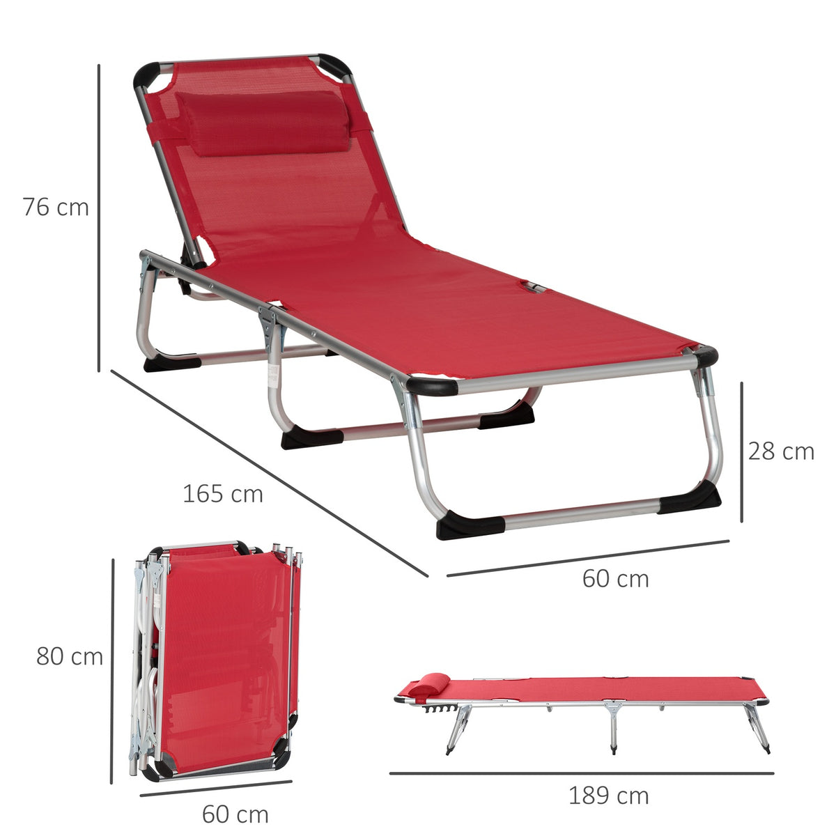Sun Lounger Garden Lounger Aluminum Fabric Lounger Relaxation Lounger 5-Way Adjustable Foldable Ergonomic Mesh Red 170 X 60 X 76 Cm