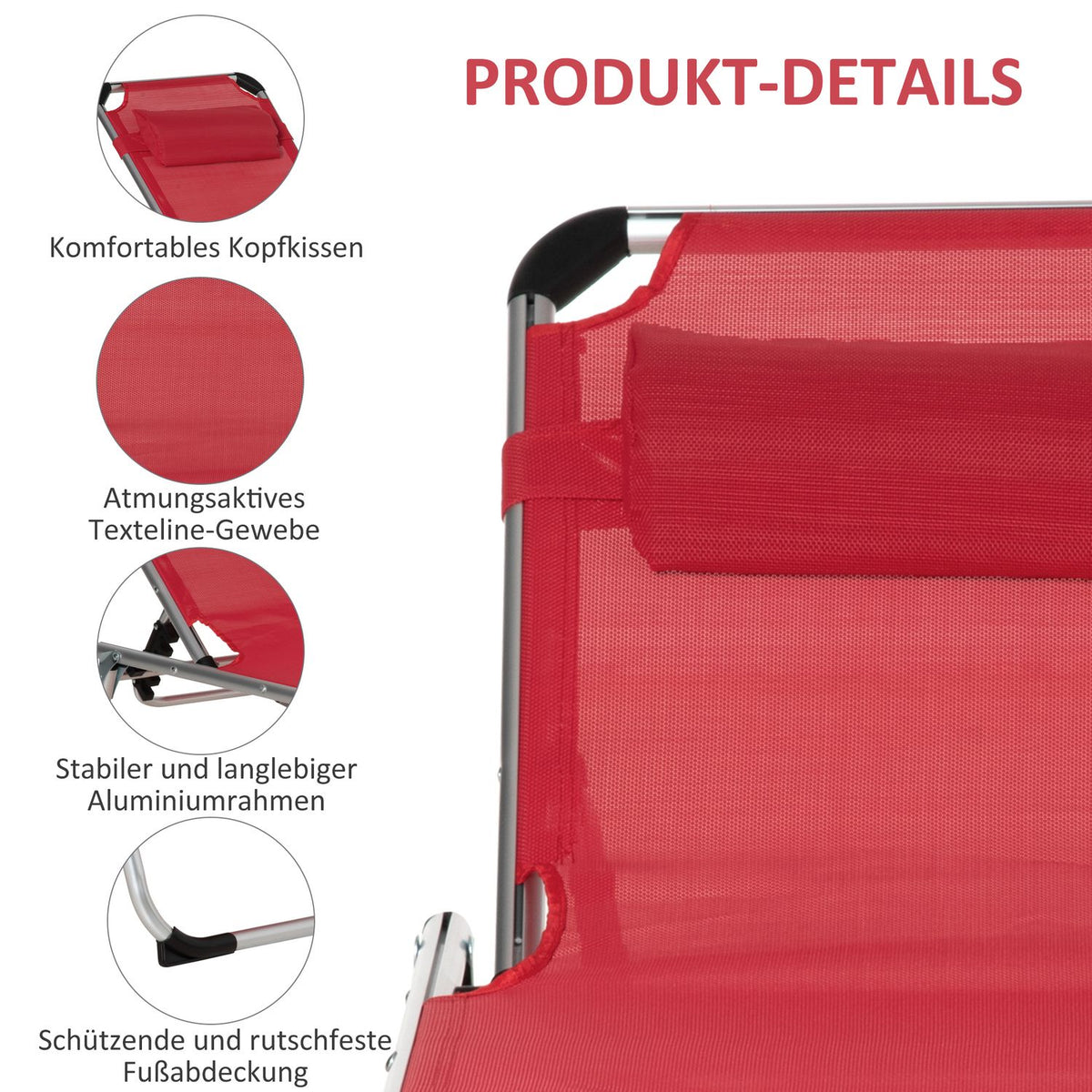 Sun Lounger Garden Lounger Aluminum Fabric Lounger Relaxation Lounger 5-Way Adjustable Foldable Ergonomic Mesh Red 170 X 60 X 76 Cm