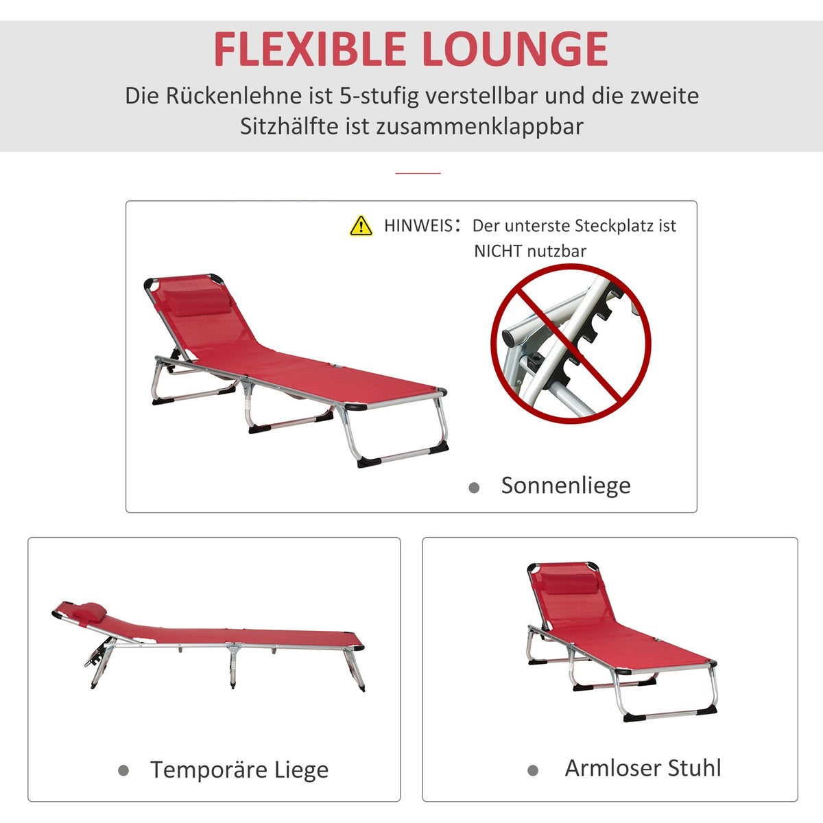 Sun Lounger Garden Lounger Aluminum Fabric Lounger Relaxation Lounger 5-Way Adjustable Foldable Ergonomic Mesh Red 170 X 60 X 76 Cm