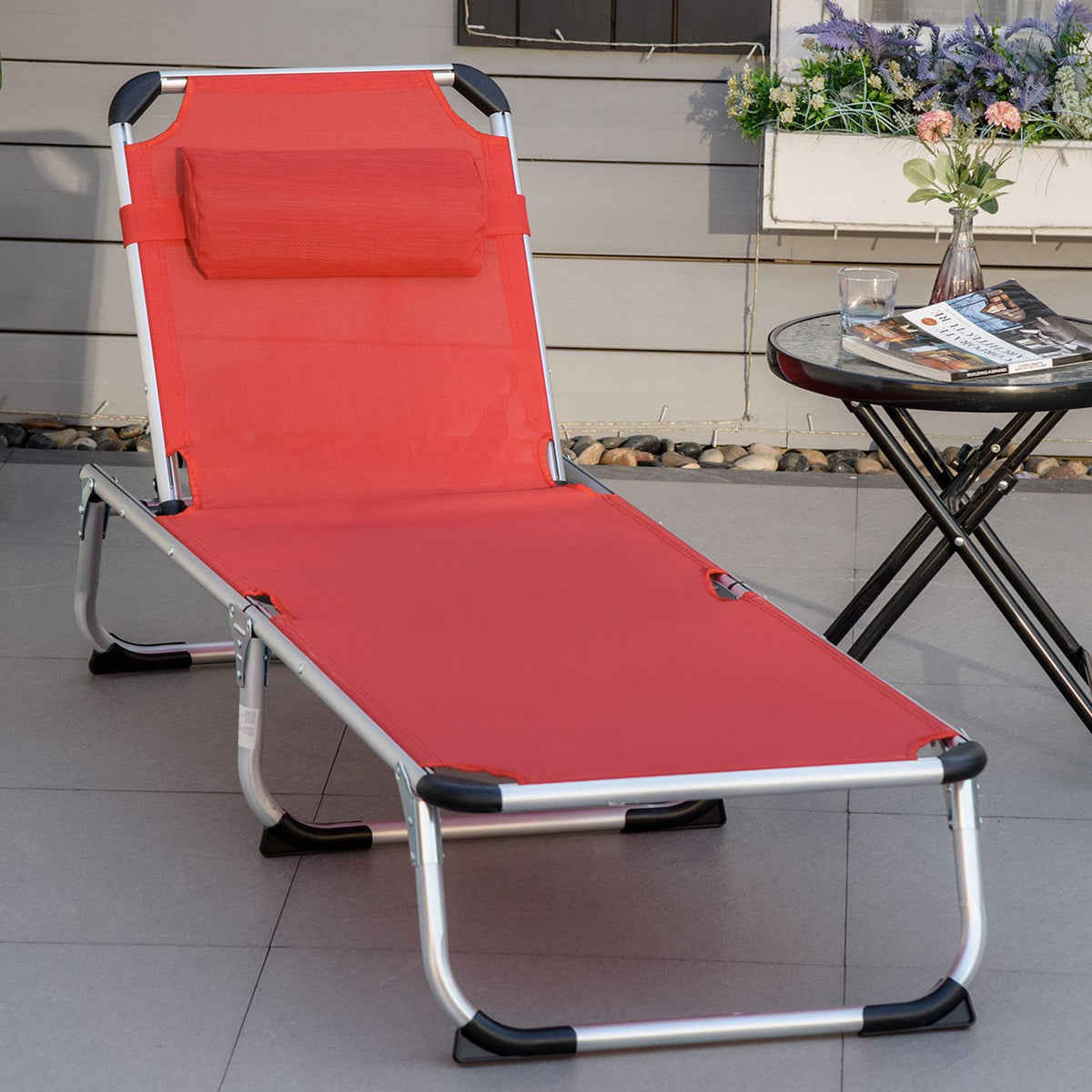 Sun Lounger Garden Lounger Aluminum Fabric Lounger Relaxation Lounger 5-Way Adjustable Foldable Ergonomic Mesh Red 170 X 60 X 76 Cm