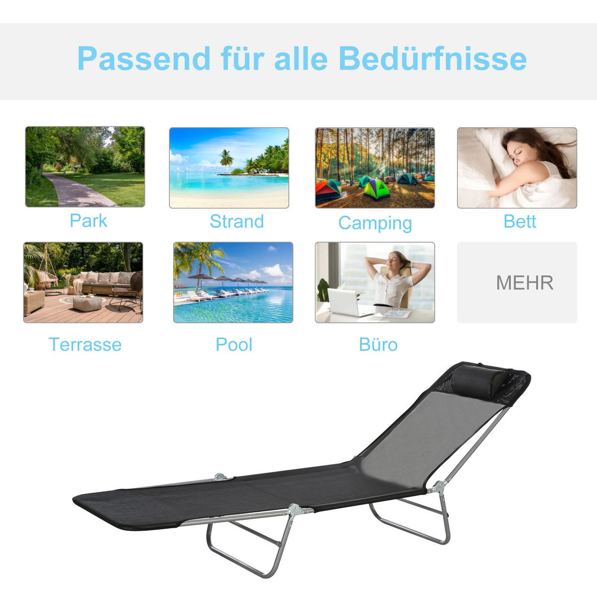 Sun Lounger, Garden Lounger, Relaxation Lounger, Bathroom Lounger, Two-Legged Lounger, Black For Garden And Terrace