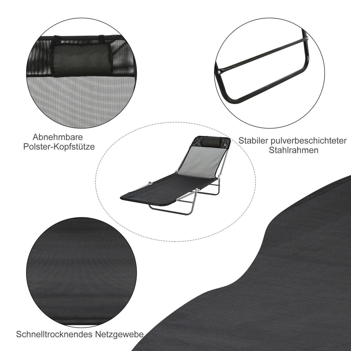 Sun Lounger, Garden Lounger, Relaxation Lounger, Bathroom Lounger, Two-Legged Lounger, Black For Garden And Terrace