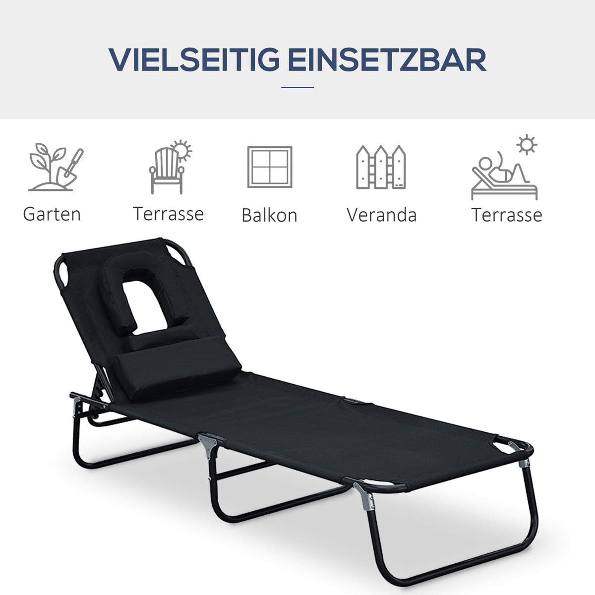 Sun Lounger Garden Lounger Relaxation Lounger Tripod Lounger With Reading Window Face Opening Black