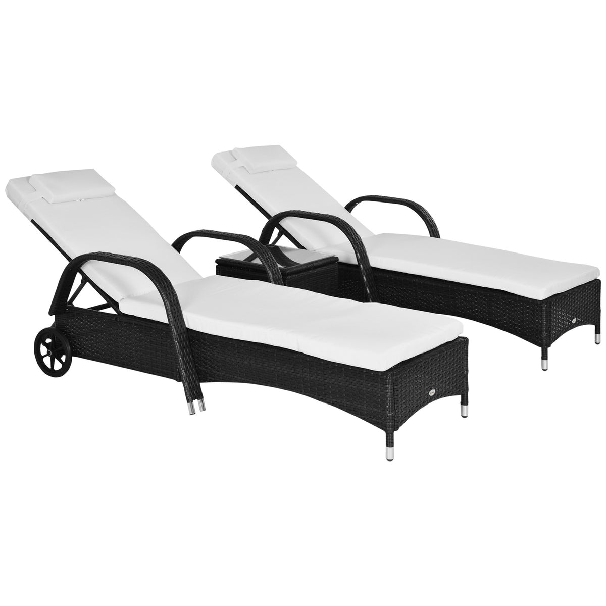 Sun Lounger Garden Lounger Table Set Of 3 Garden Furniture, Poly Rattan + Metal Black + Cream White