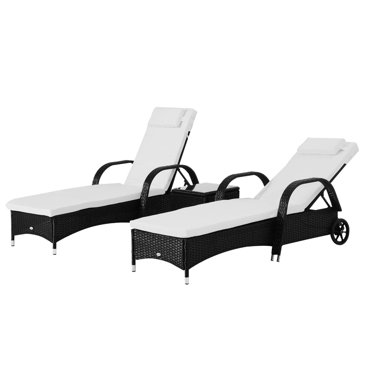 Sun Lounger Garden Lounger Table Set Of 3 Garden Furniture, Poly Rattan + Metal Black + Cream White