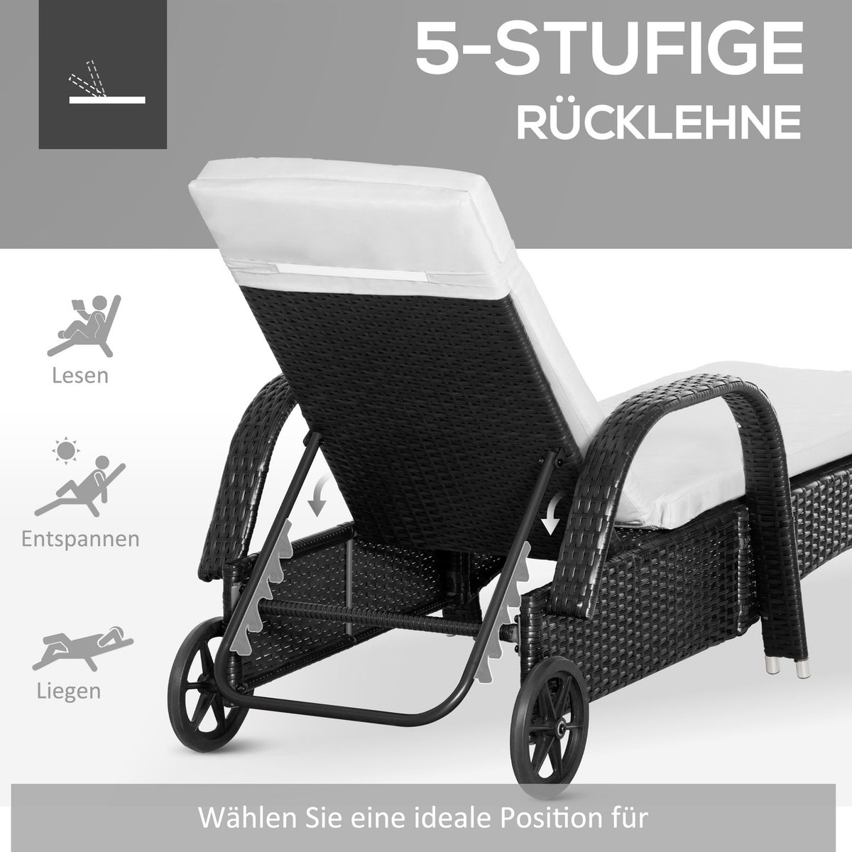 Sun Lounger Garden Lounger Table Set Of 3 Garden Furniture, Poly Rattan + Metal Black + Cream White