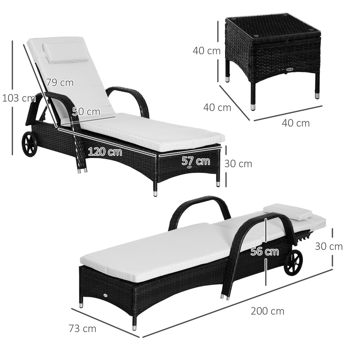 Sun Lounger Garden Lounger Table Set Of 3 Garden Furniture, Poly Rattan + Metal Black + Cream White