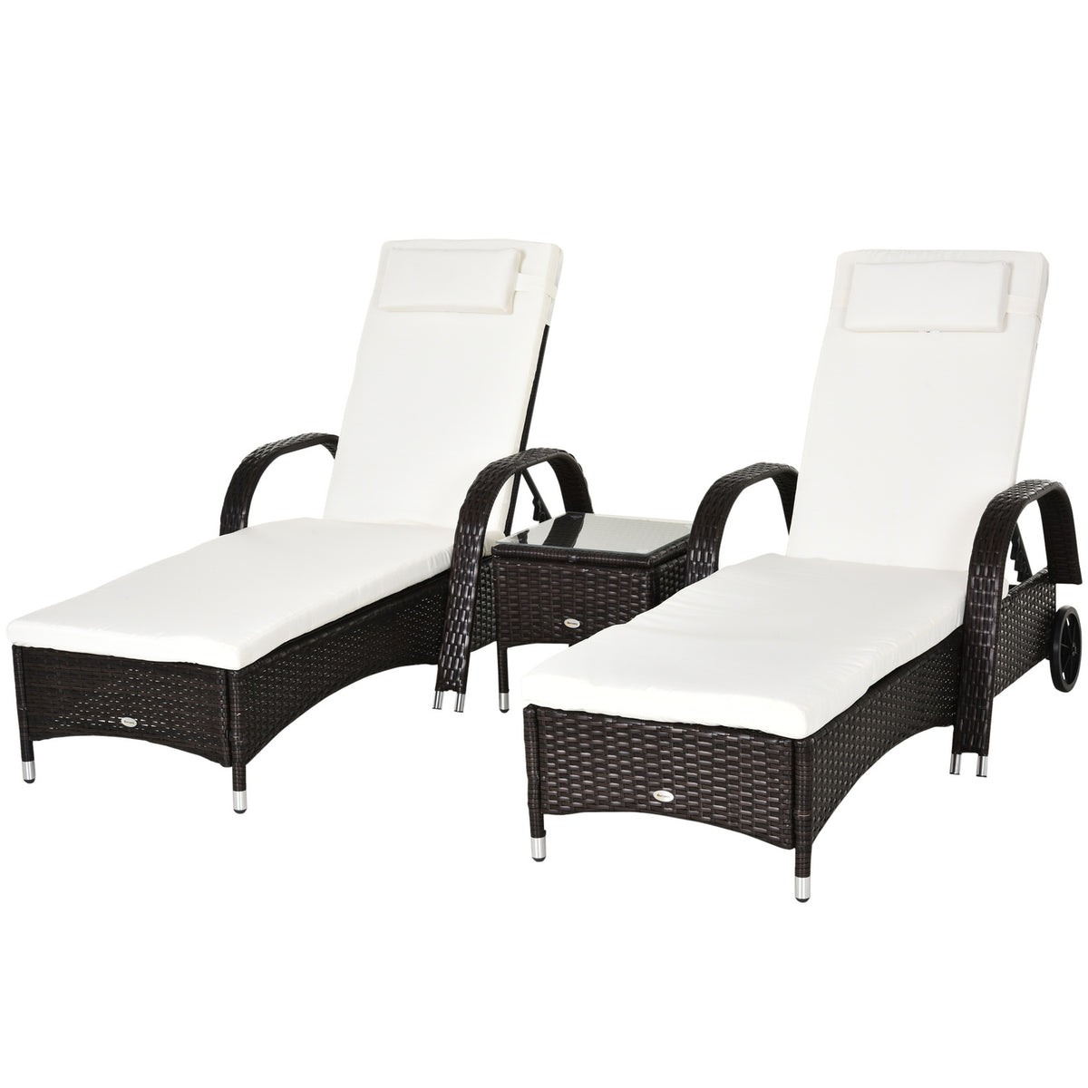 Sun Lounger Garden Lounger Table Set Of 3 Garden Furniture, Polyrattan + Metal Brown + Cream White