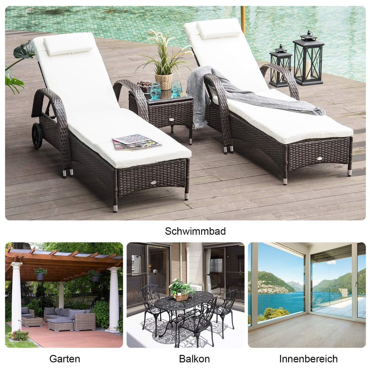 Sun Lounger Garden Lounger Table Set Of 3 Garden Furniture, Polyrattan + Metal Brown + Cream White