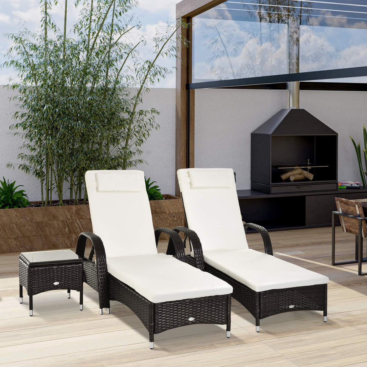 Sun Lounger Garden Lounger Table Set Of 3 Garden Furniture, Polyrattan + Metal Brown + Cream White
