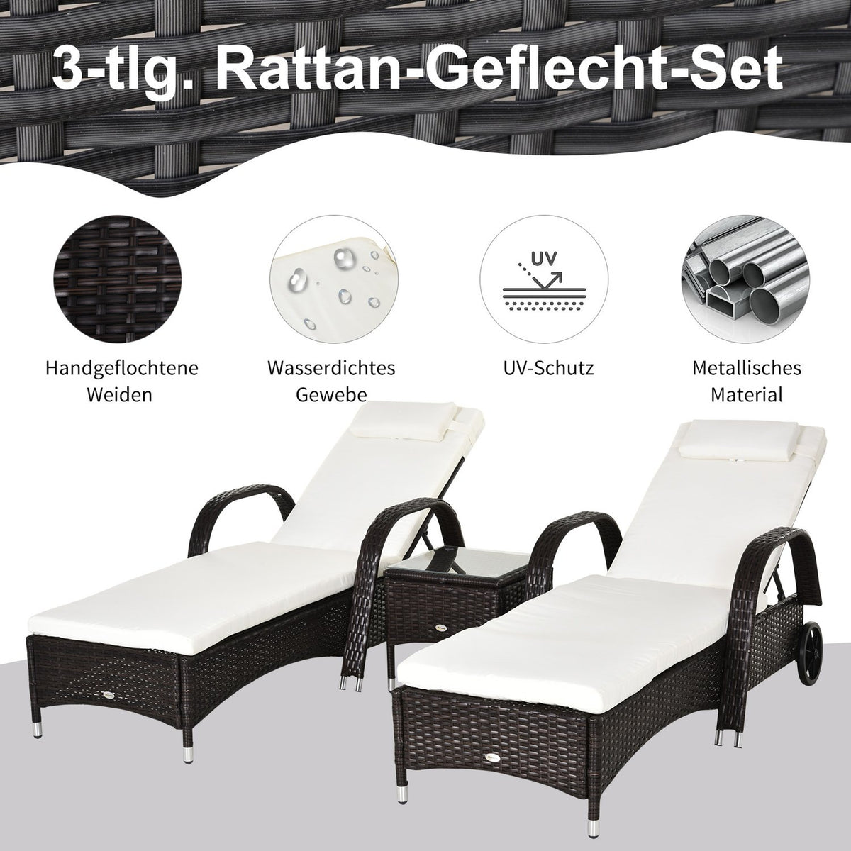 Sun Lounger Garden Lounger Table Set Of 3 Garden Furniture, Polyrattan + Metal Brown + Cream White