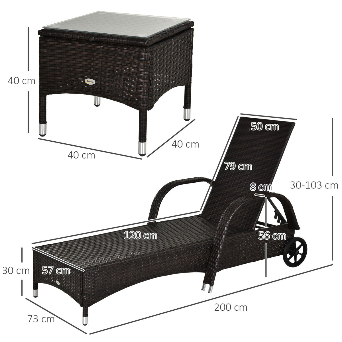 Sun Lounger Garden Lounger Table Set Of 3 Garden Furniture, Polyrattan + Metal Brown + Cream White