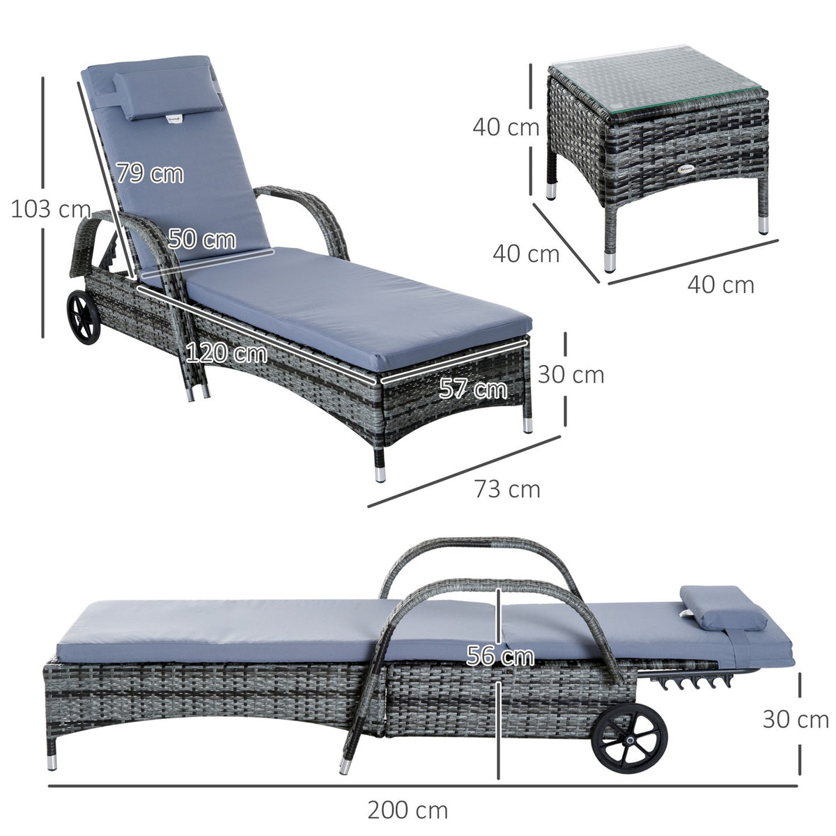 Sun Lounger Garden Lounger Table Set Of 3 Garden Furniture, Polyrattan + Metal Grey