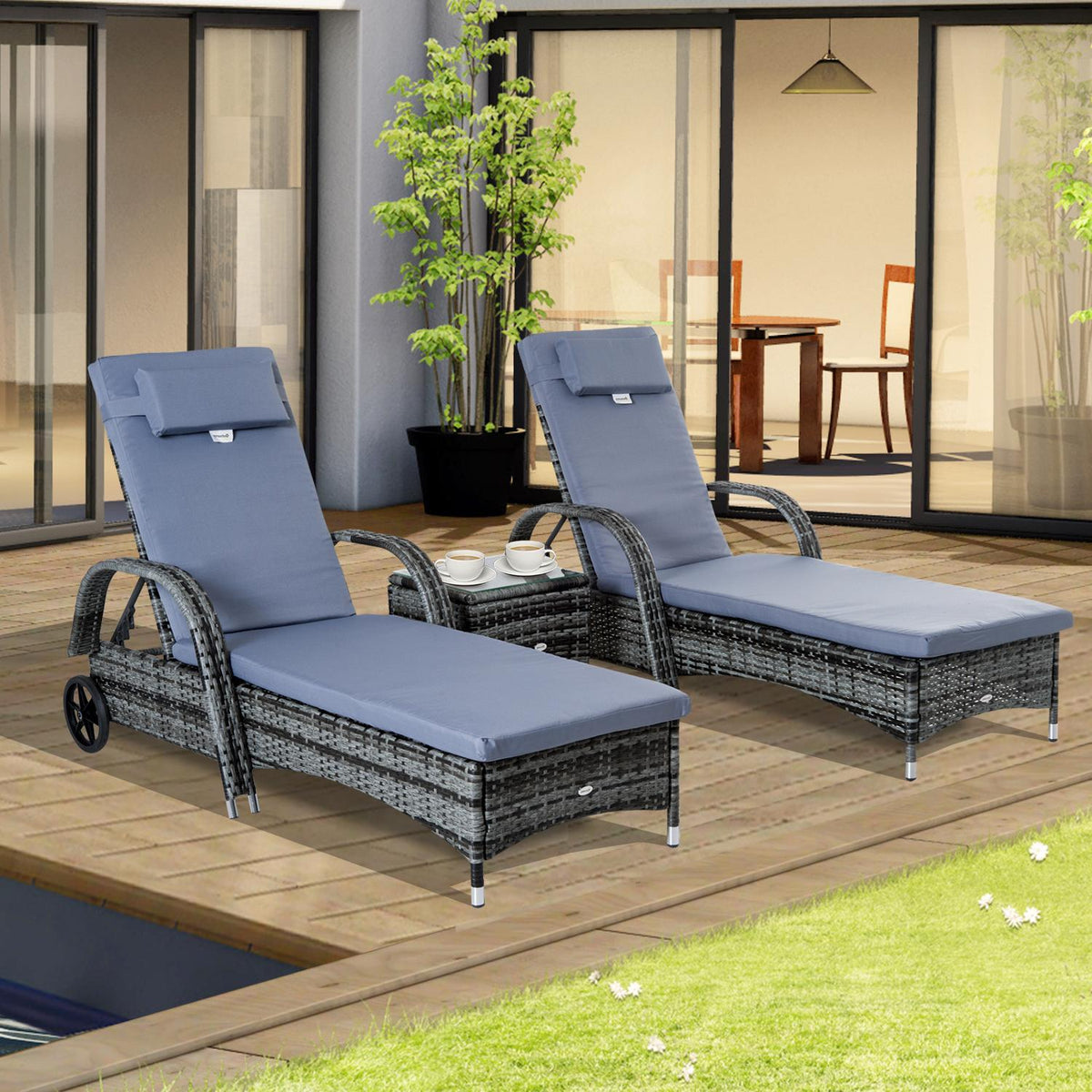 Sun Lounger Garden Lounger Table Set Of 3 Garden Furniture, Polyrattan + Metal Grey
