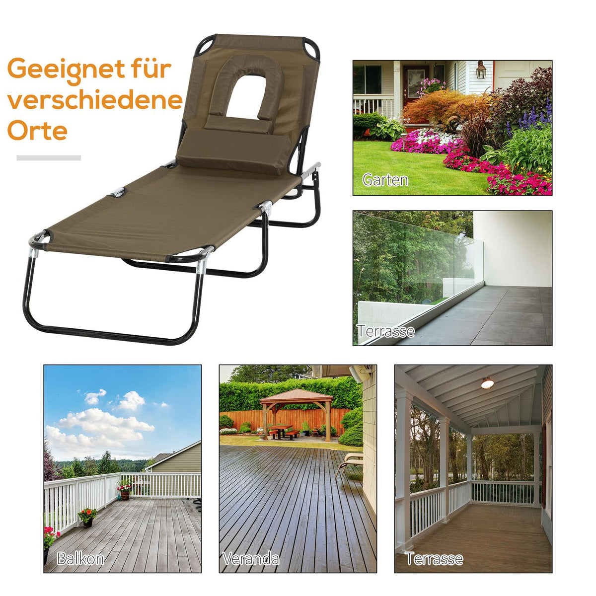 Sun Lounger, Garden Lounger, Three-Legged Lounger, Relaxation Lounger With Reading Window, Face Opening, Brown