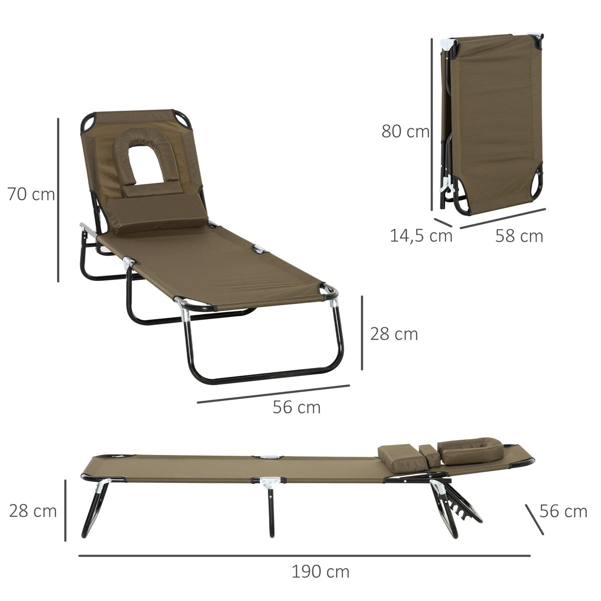 Sun Lounger, Garden Lounger, Three-Legged Lounger, Relaxation Lounger With Reading Window, Face Opening, Brown