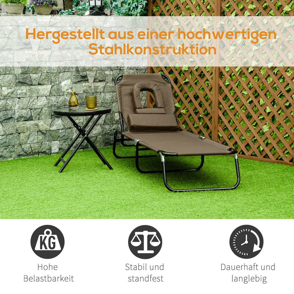 Sun Lounger, Garden Lounger, Three-Legged Lounger, Relaxation Lounger With Reading Window, Face Opening, Brown