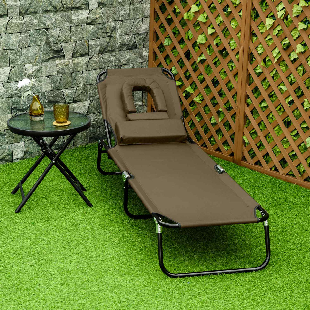 Sun Lounger, Garden Lounger, Three-Legged Lounger, Relaxation Lounger With Reading Window, Face Opening, Brown