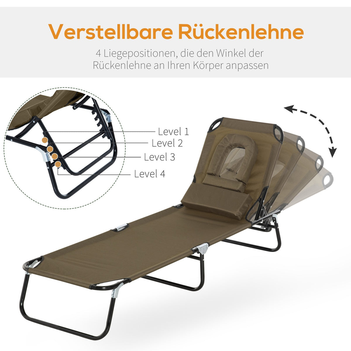 Sun Lounger, Garden Lounger, Three-Legged Lounger, Relaxation Lounger With Reading Window, Face Opening, Brown